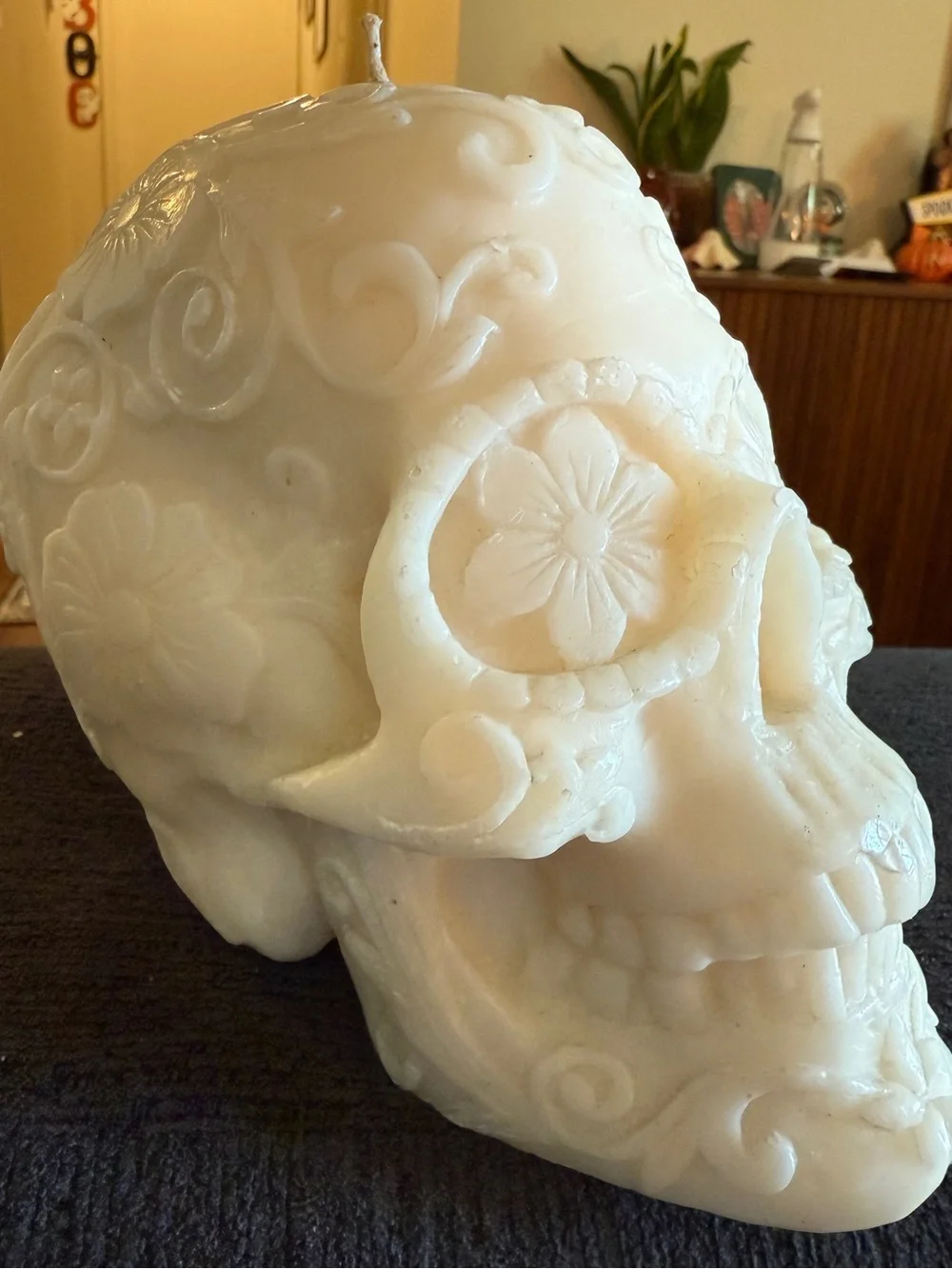 Pottery Barn White Floral Sugar Skull Candle
